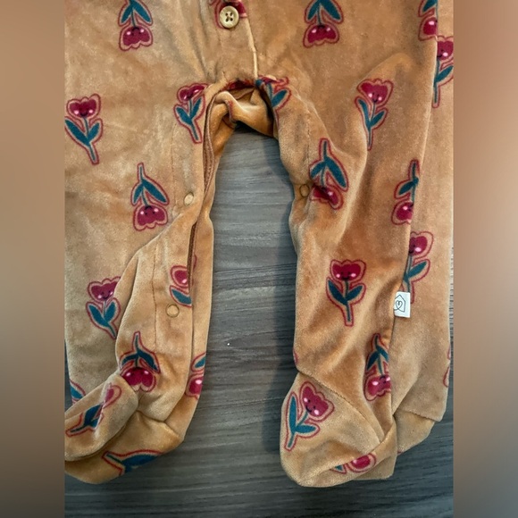 Snug Brown Velour red tulip print Kids Footie with matching Bow Headband -6/9M - Picture 3 of 8